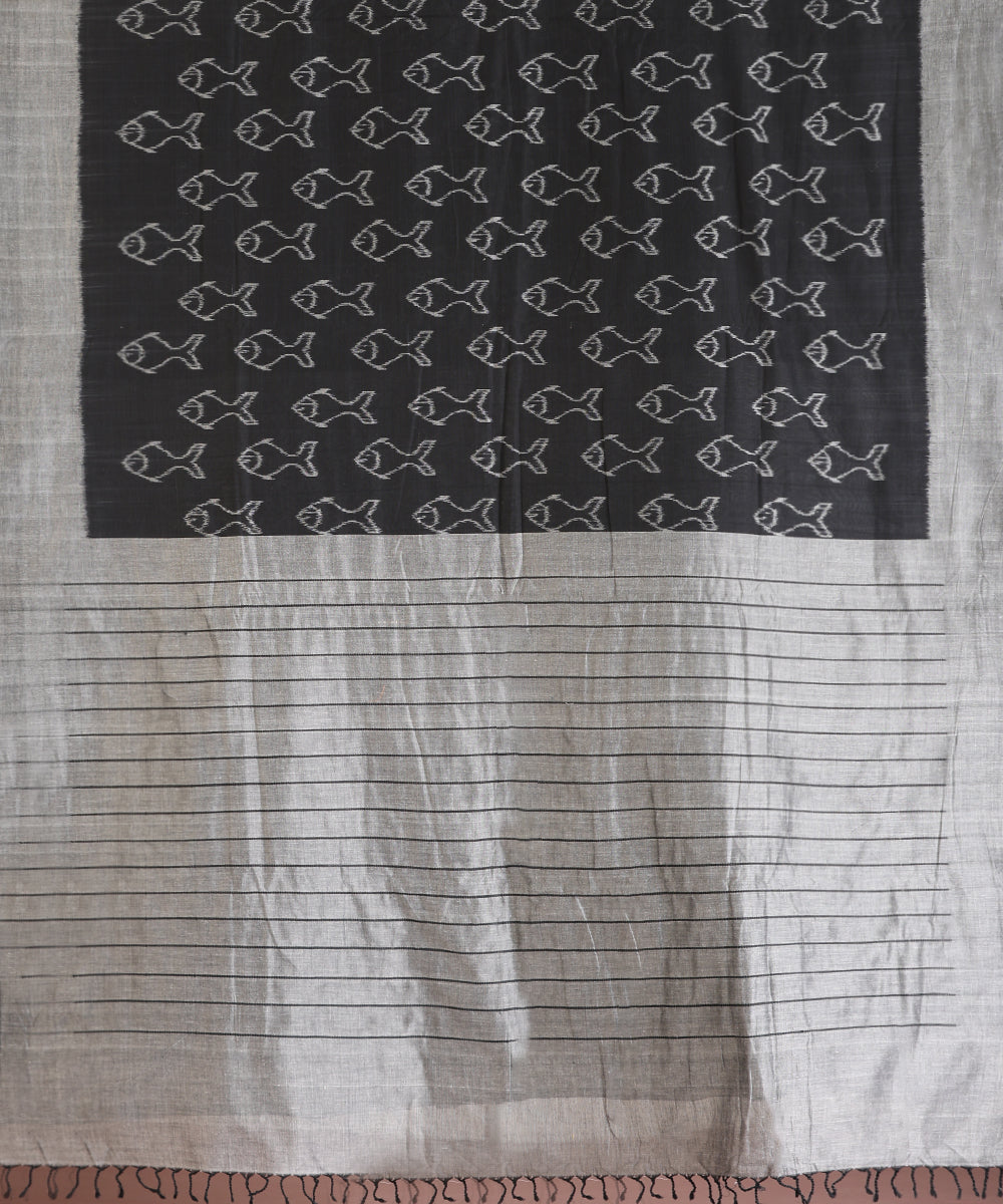 Black Handloom Matasya Motif Cotton Ikat Saree