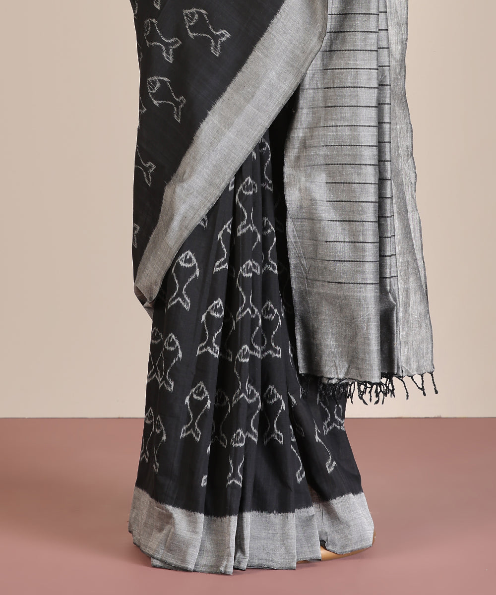 Black Handloom Matasya Motif Cotton Ikat Saree