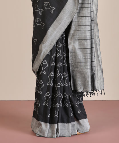 Black Handloom Matasya Motif Cotton Ikat Saree