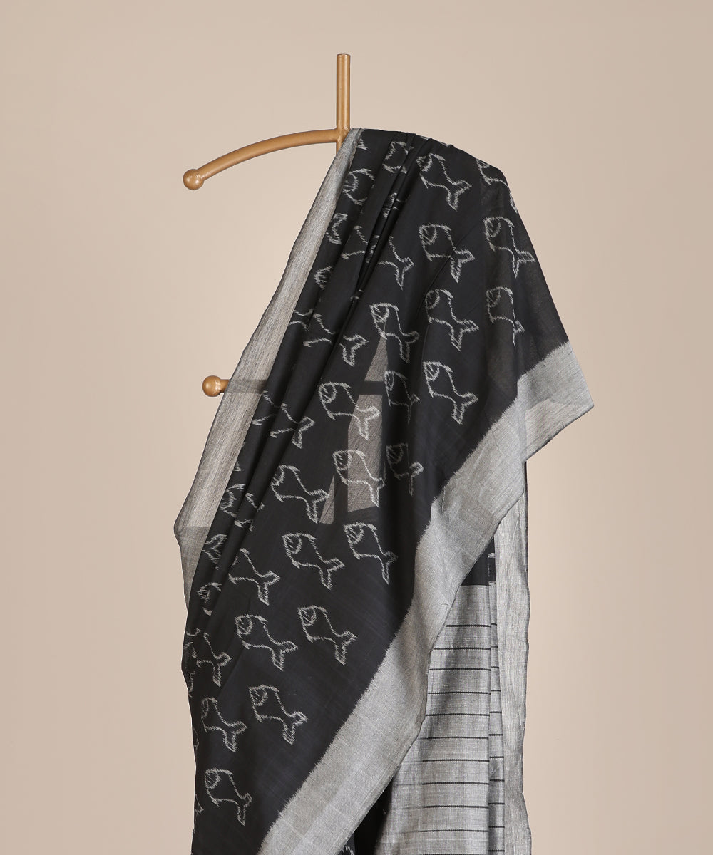 Black Handloom Matasya Motif Cotton Ikat Saree
