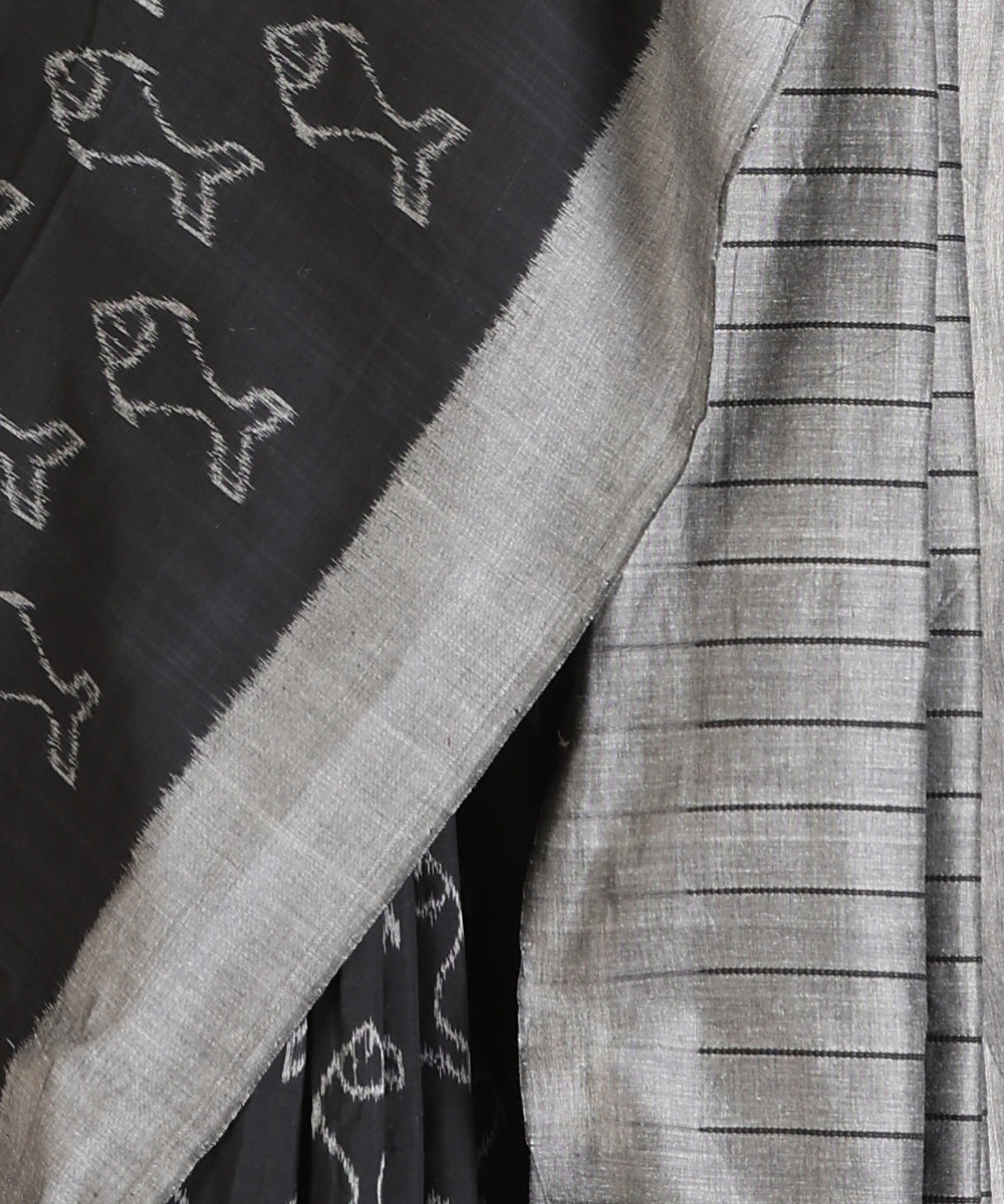 Black Handloom Matasya Motif Cotton Ikat Saree