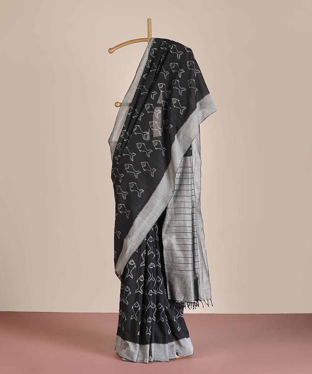 Black Handloom Matasya Motif Cotton Ikat Saree