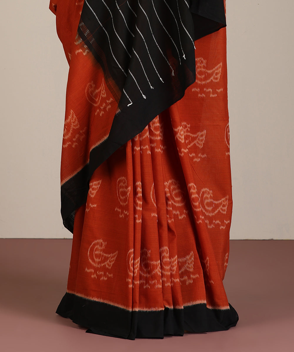 Teracotta Handloom Cotton Ikat Saree With Hans Motif