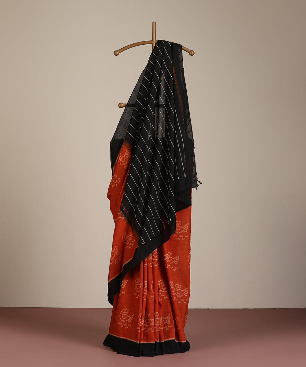 Teracotta Handloom Cotton Ikat Saree With Hans Motif