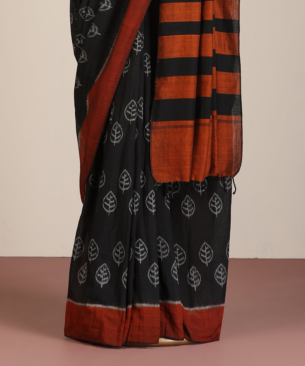 Black Handloom Kadam Tree Leaf Motif Cotton Ikat Saree
