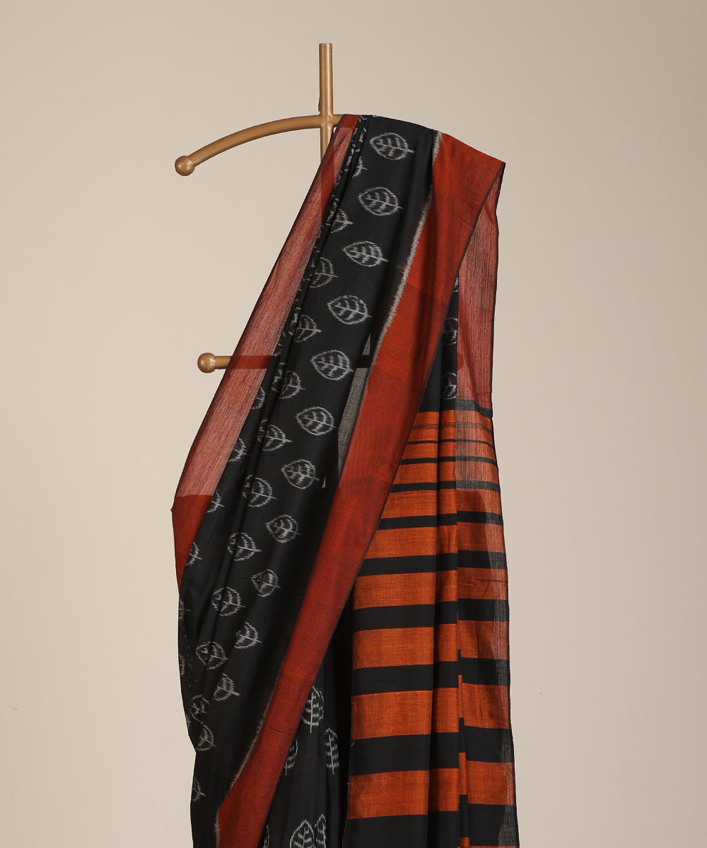 Black Handloom Kadam Tree Leaf Motif Cotton Ikat Saree