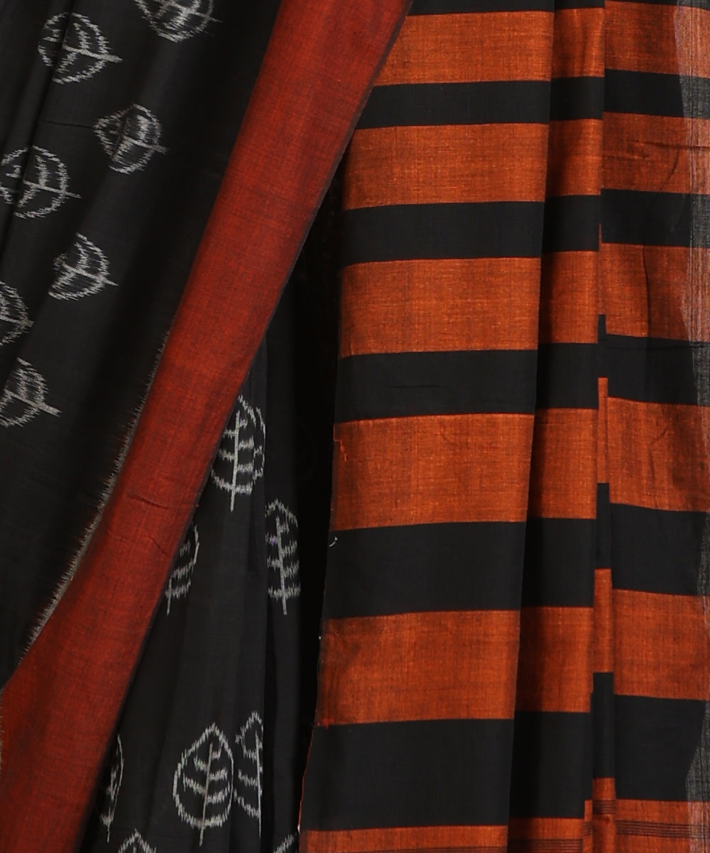 Black Handloom Kadam Tree Leaf Motif Cotton Ikat Saree