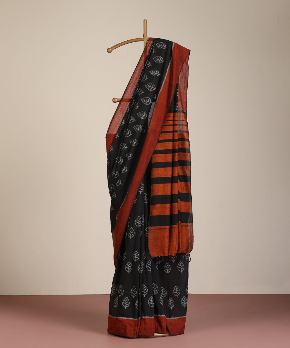 Black Handloom Kadam Tree Leaf Motif Cotton Ikat Saree