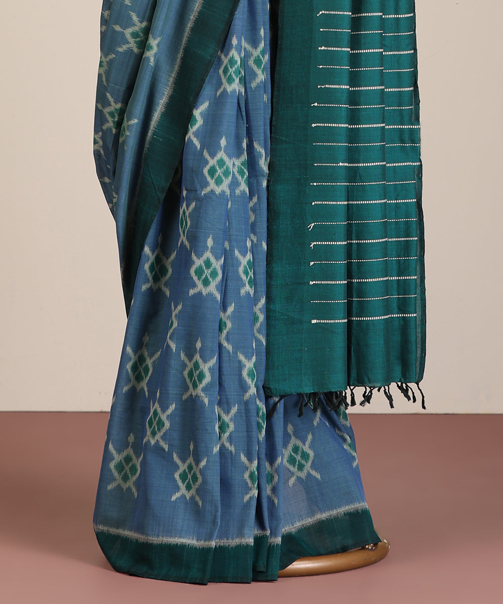 Blue Handloom Cotton Tortoise Motif Ikat Saree