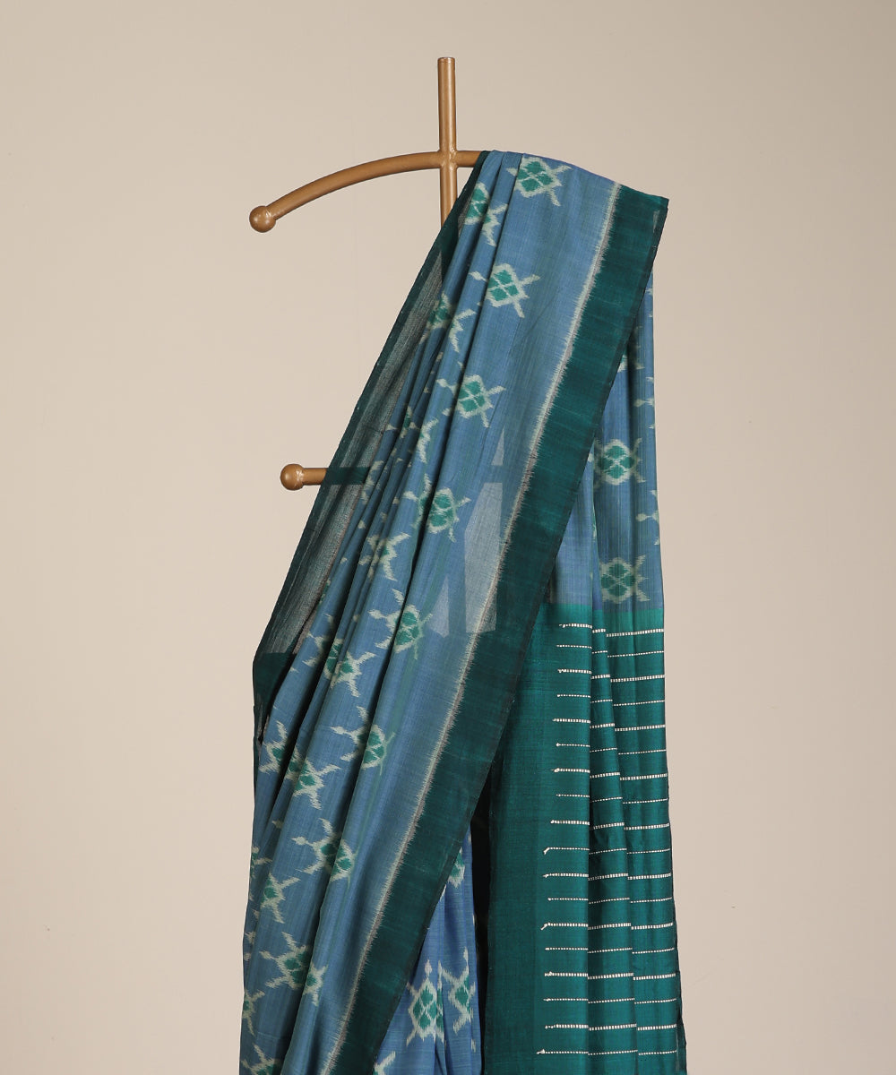 Blue Handloom Cotton Tortoise Motif Ikat Saree