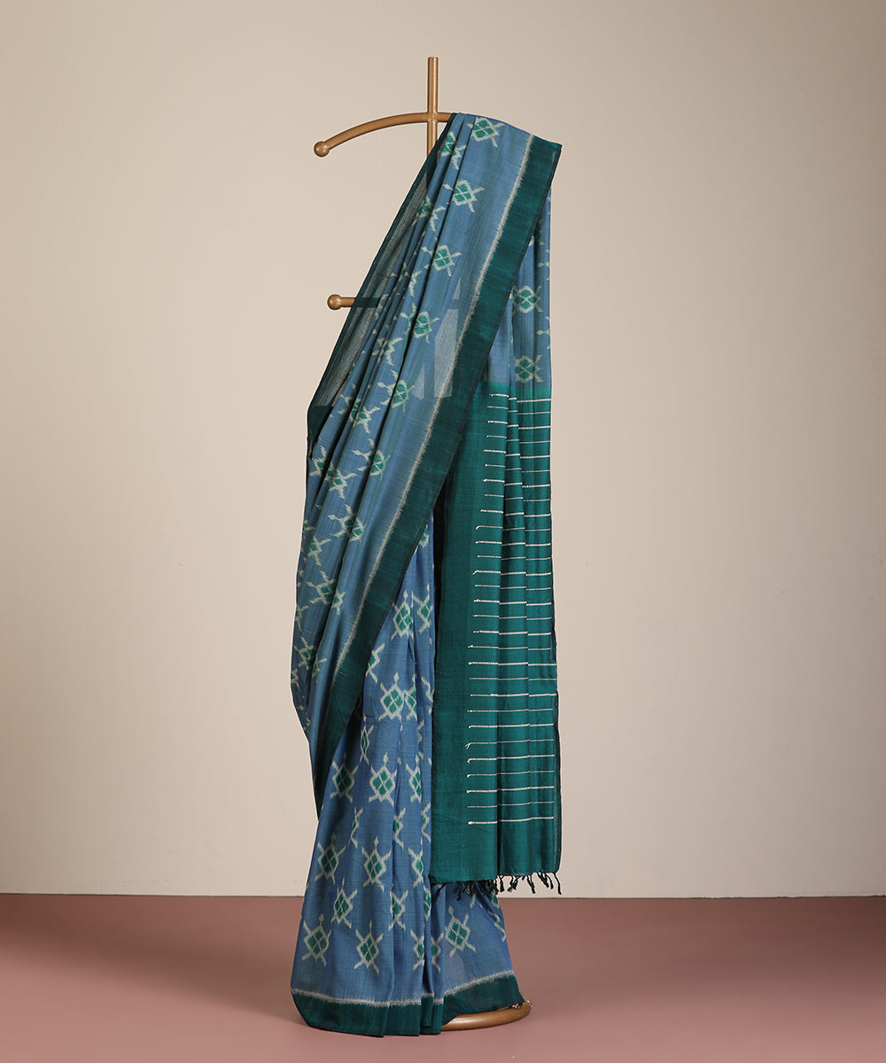 Blue Handloom Cotton Tortoise Motif Ikat Saree