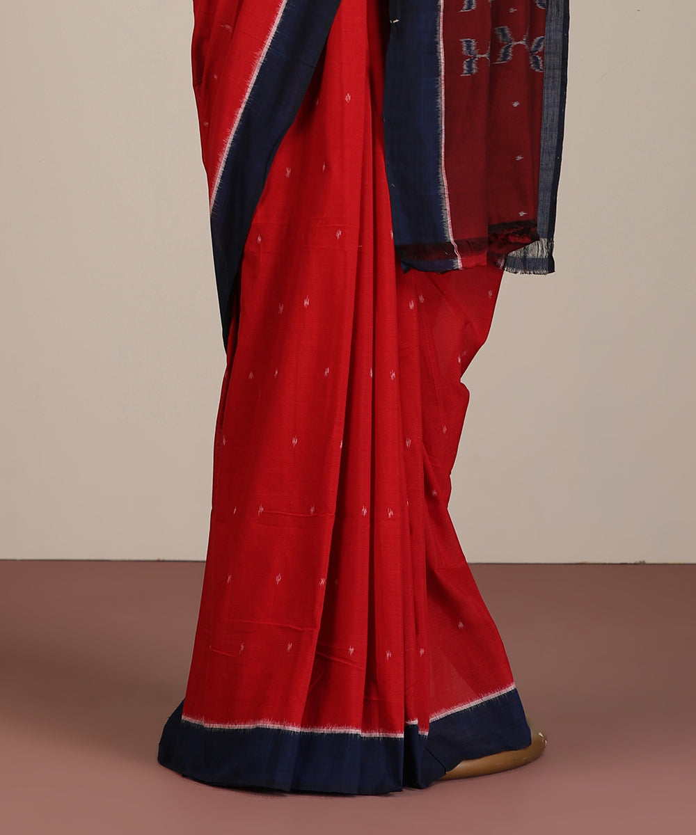 Red-Blue Handloom Patra-Bindoo Motif Cotton Ikat Saree