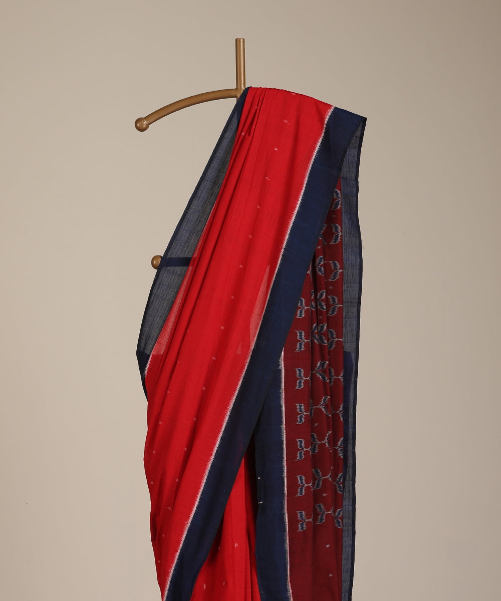 Red-Blue Handloom Patra-Bindoo Motif Cotton Ikat Saree
