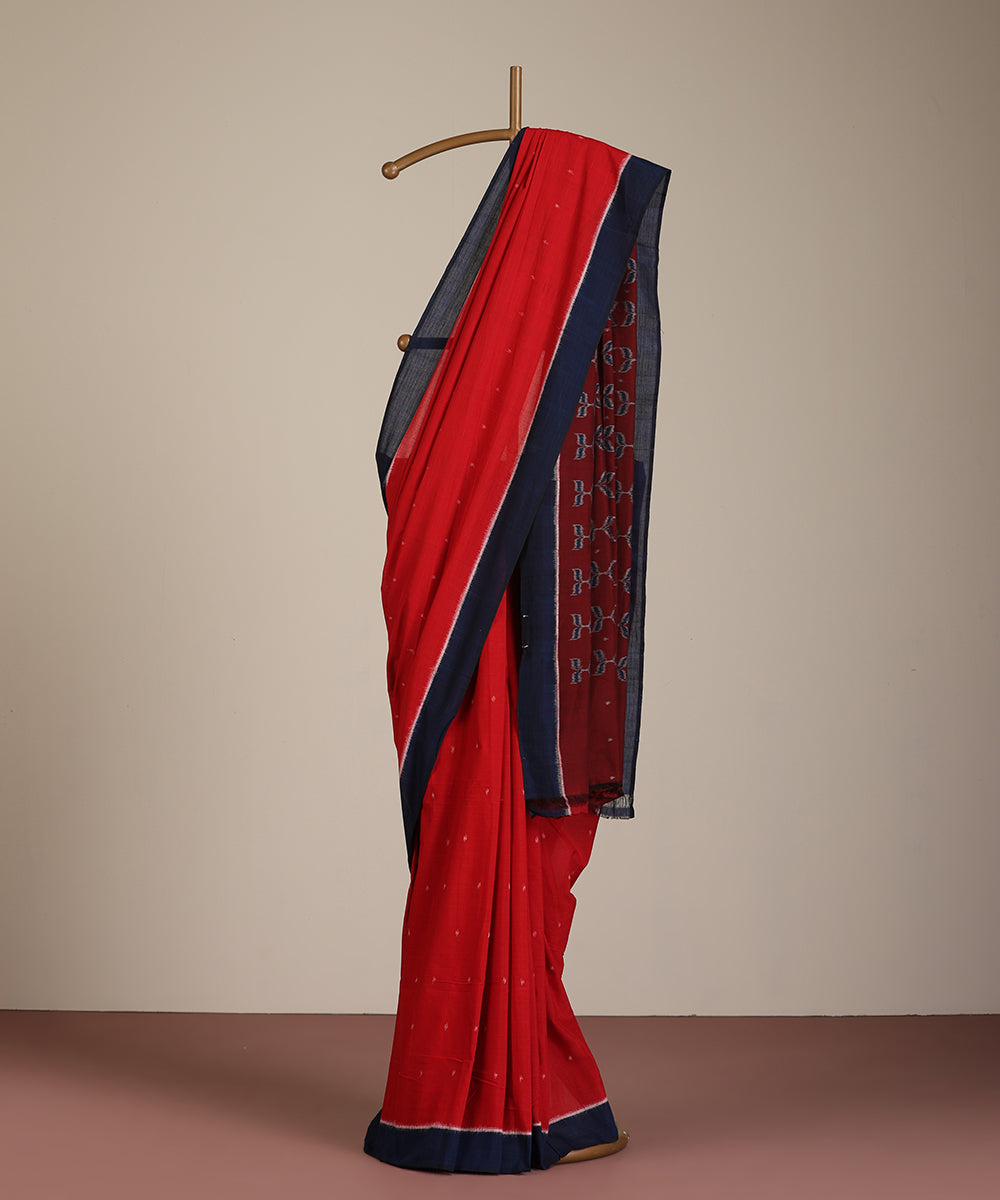 Red-Blue Handloom Patra-Bindoo Motif Cotton Ikat Saree