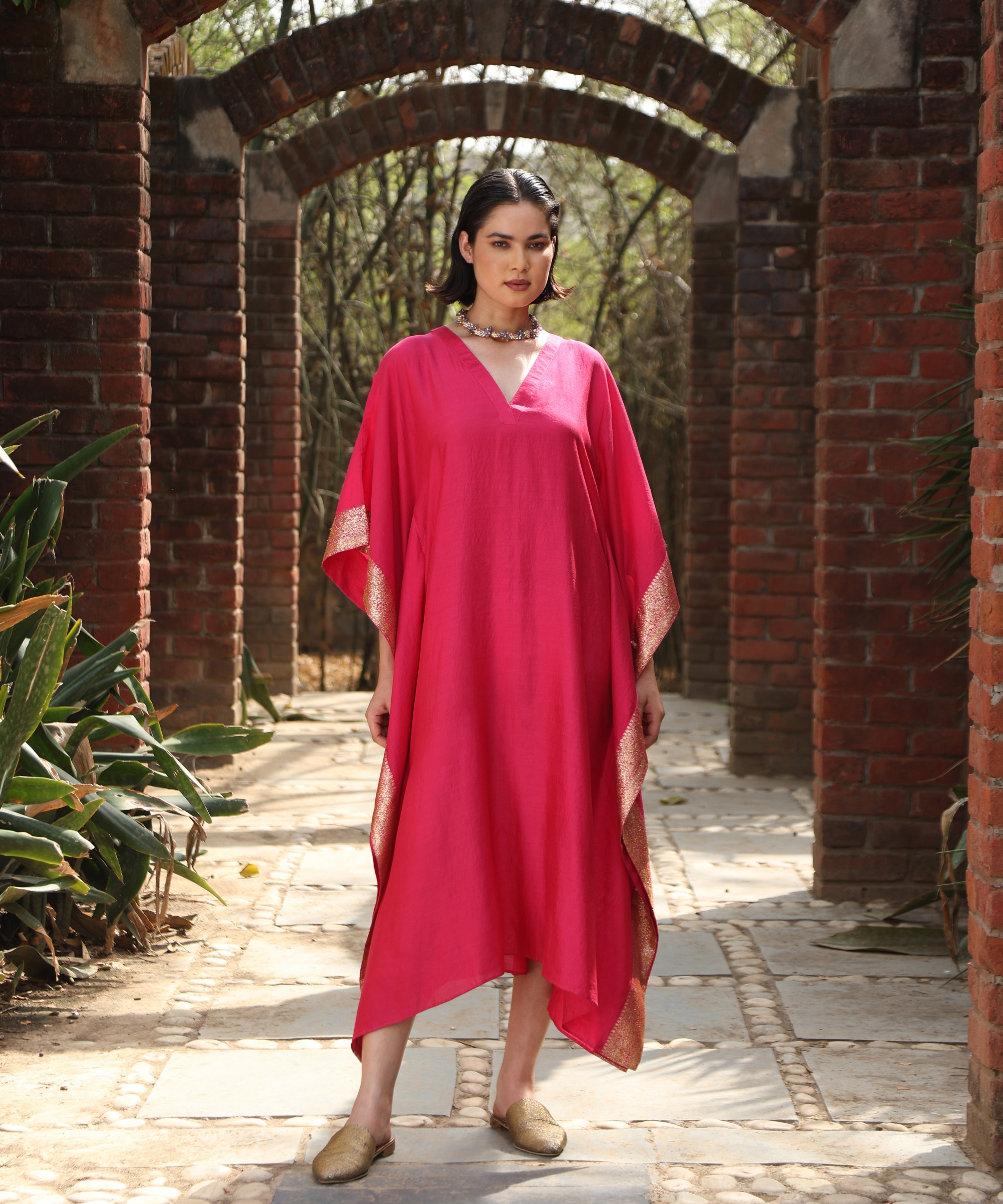 Hot Pink Handloom Silk Kaftan With Benaras Borders Ready To Wear Ensembles