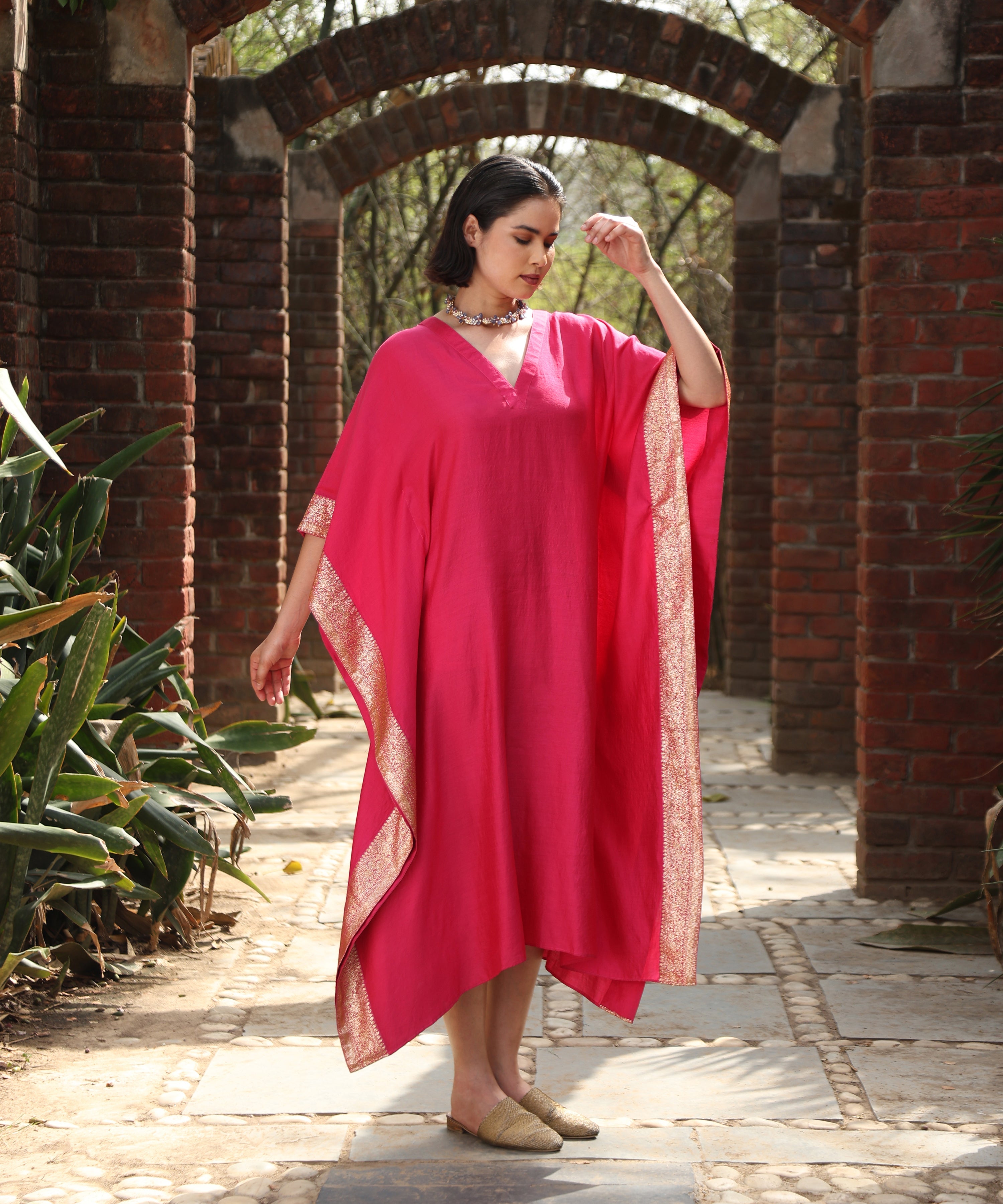 Hot Pink Handloom Silk Kaftan With Benaras Borders Ready To Wear Ensembles