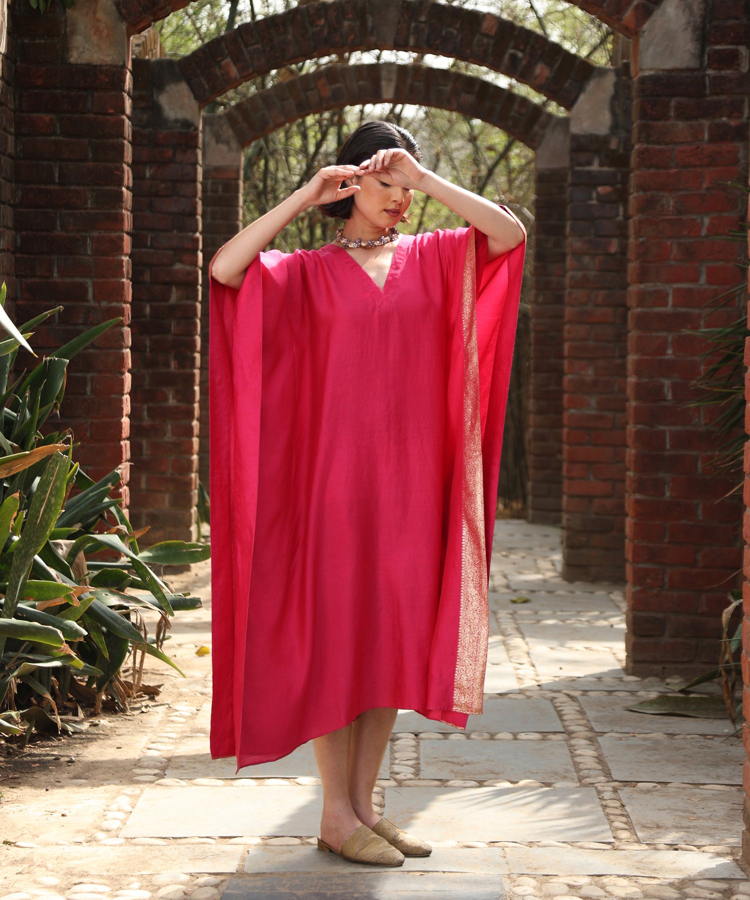 Hot Pink Handloom Silk Kaftan with Benaras Borders