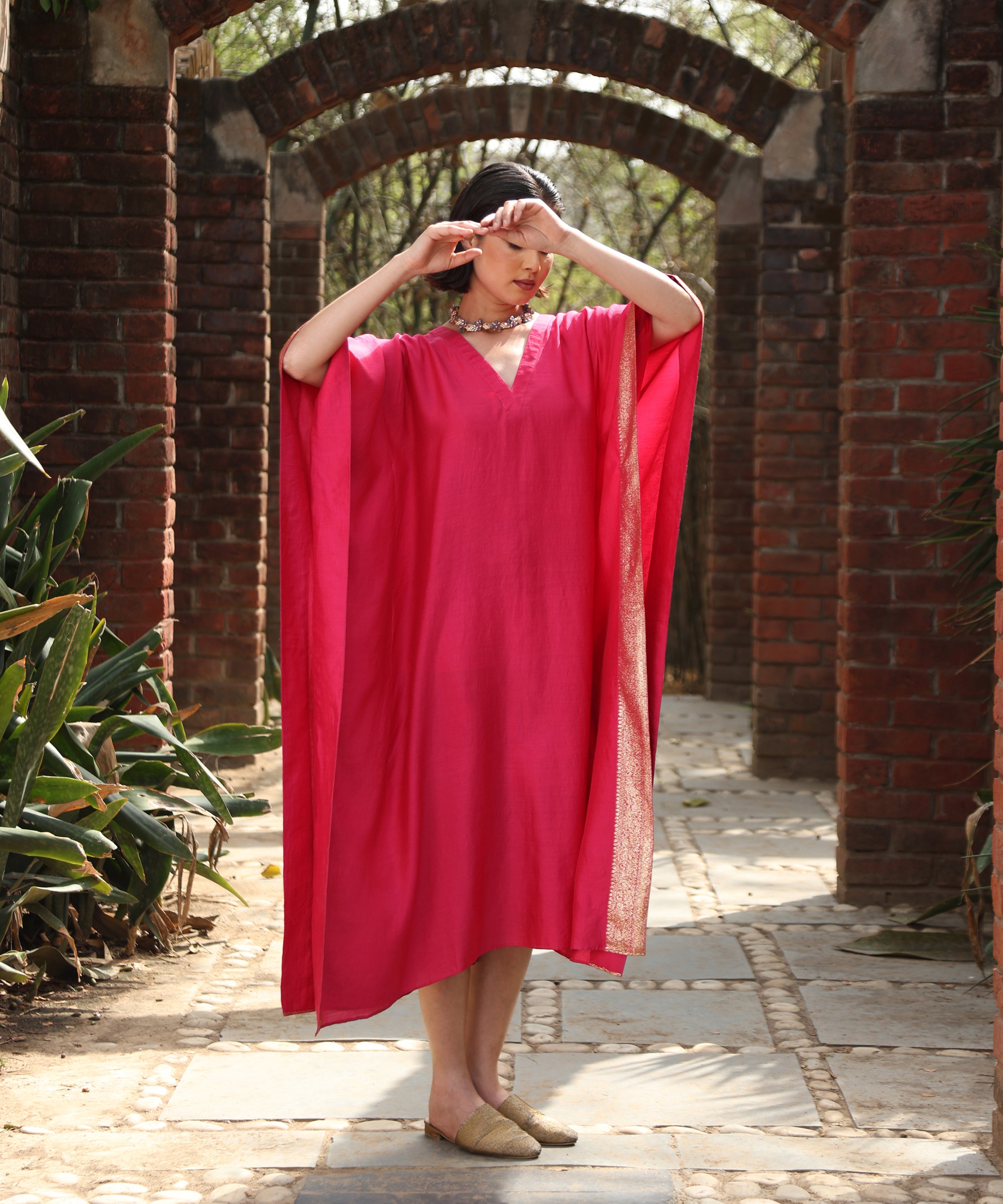 Hot Pink Handloom Silk Kaftan With Benaras Borders Ready To Wear Ensembles