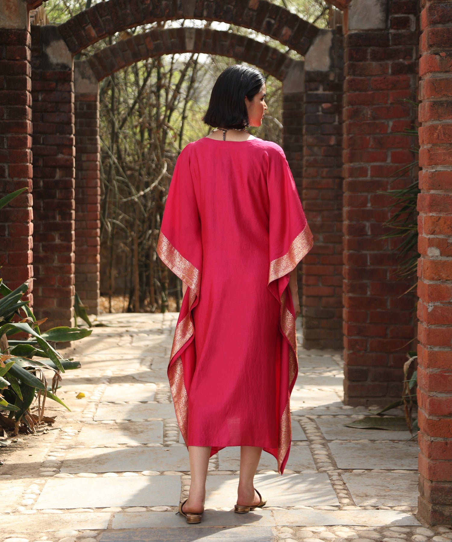 Hot Pink Handloom Silk Kaftan With Benaras Borders Ready To Wear Ensembles