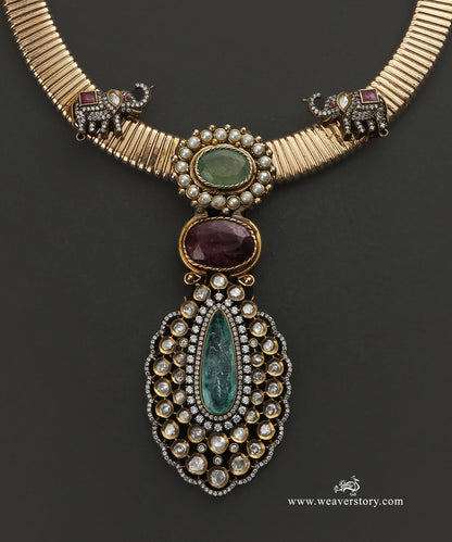 Kritika_Handcrafted_Necklace_With_Green_And_Red_Semi_Precious_Stones_And_Elephant_Motifs_WeaverStory_03