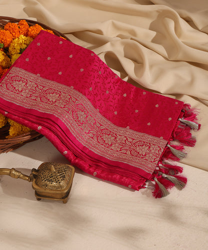 Rani Pink Pure Satin Silk Handloom Tanchoi Banarasi Dupatta with Zari Booti