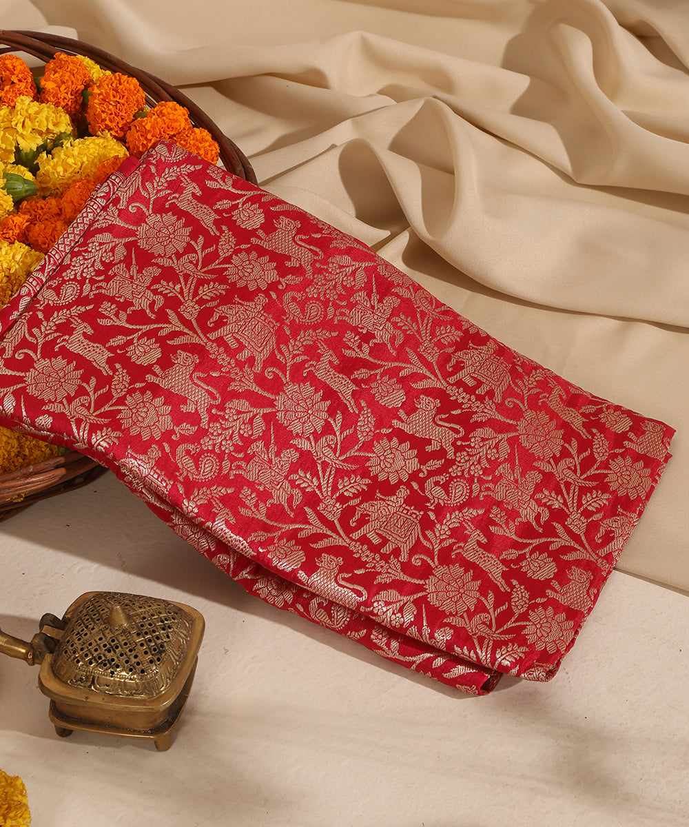 Rani Pink Handloom Pure Katan Silk Kimkhab Shikargah Banarasi Dupatta