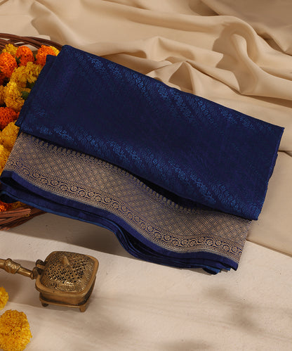 Blue Pure Satin Silk Handloom Tanchoi Banarasi Dupatta with Zari Border