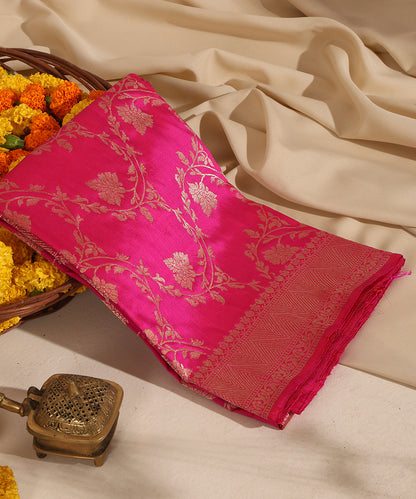 Hot Pink Handloom Pure Katan Silk Banarasi Dupatta With Kadhwa Jaal