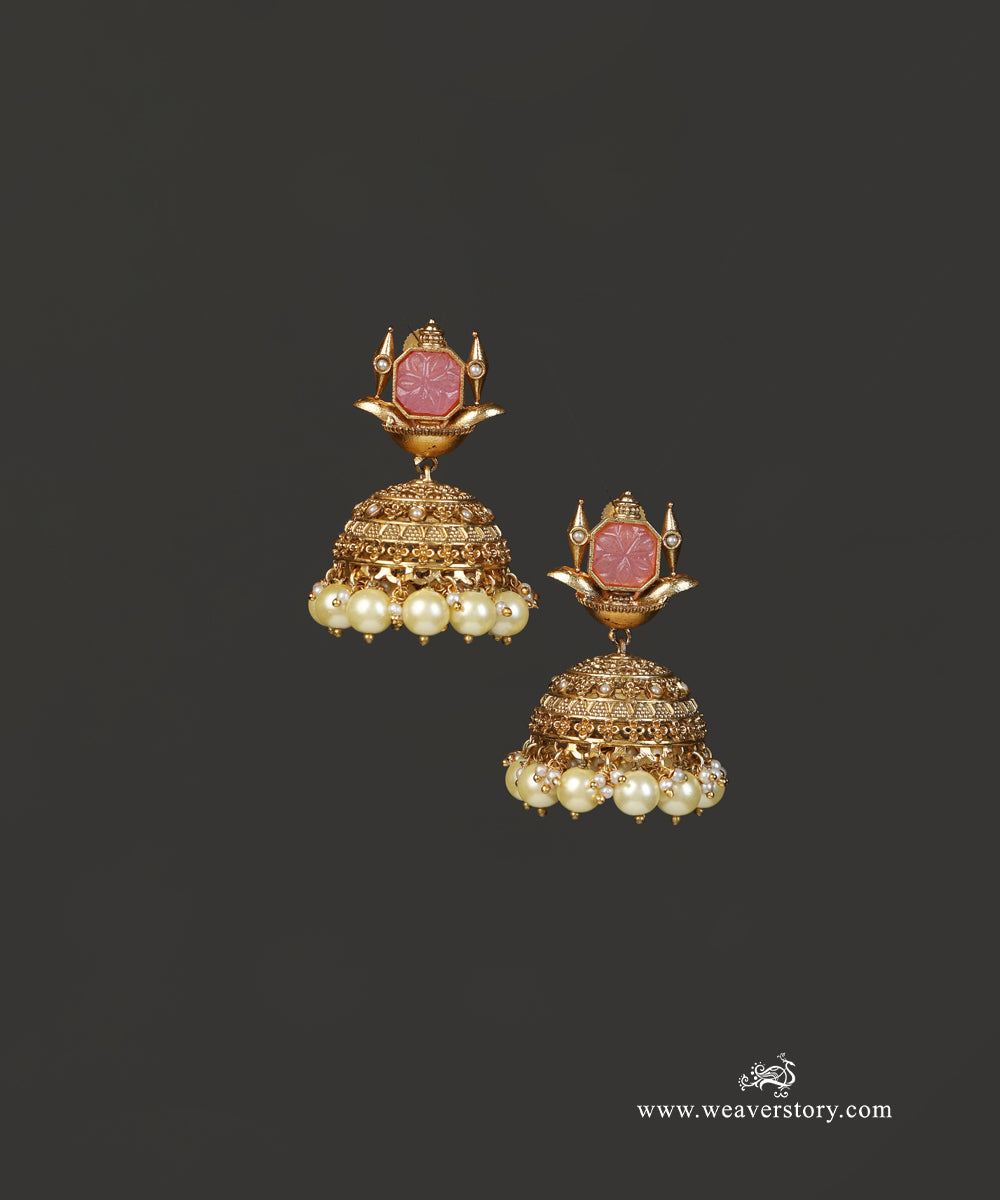 Bhavika_Handcrafted_Jhumka_With_Red_Semi_Precious_Stones_WeaverStory_02