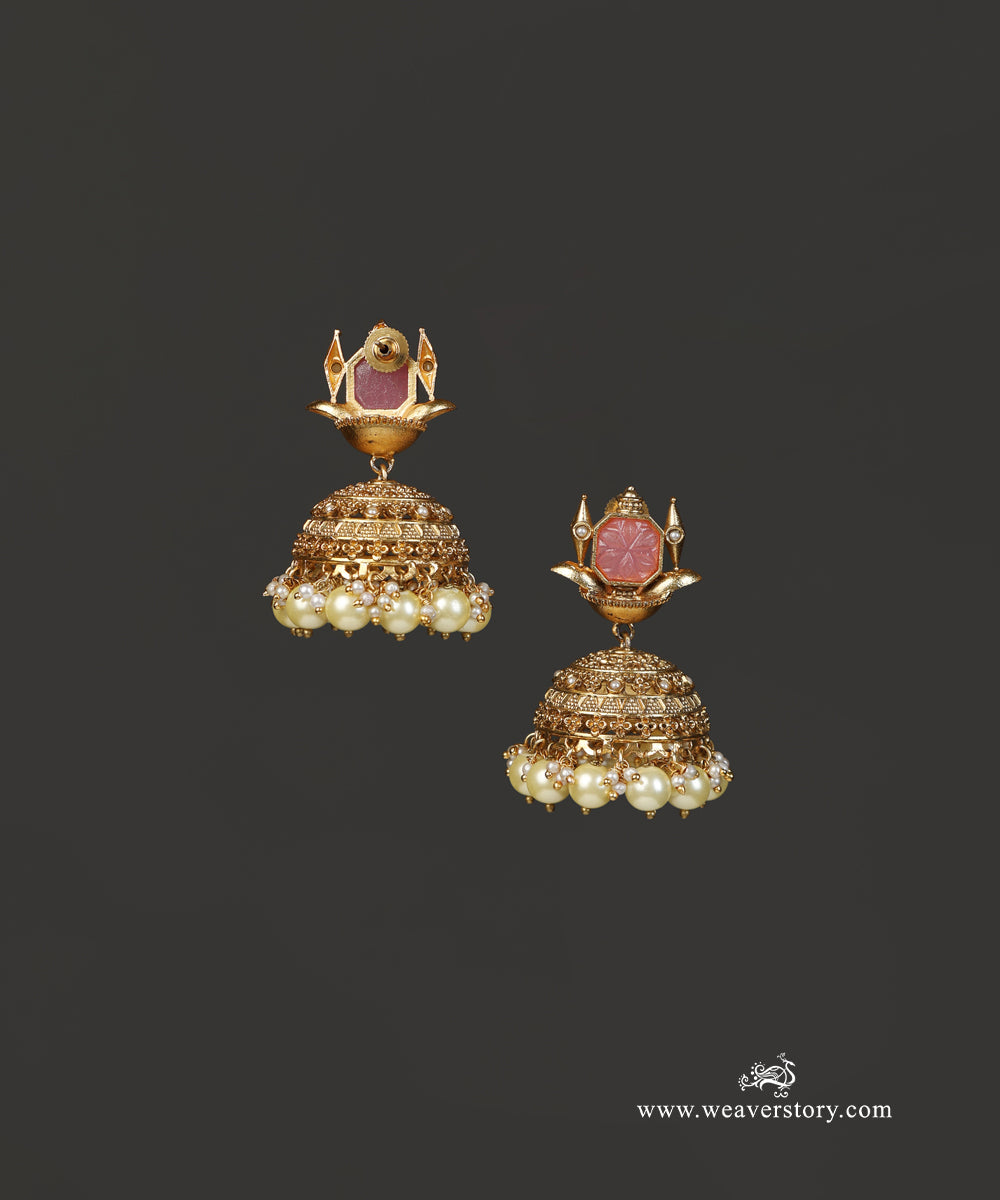 Bhavika_Handcrafted_Jhumka_With_Red_Semi_Precious_Stones_WeaverStory_03