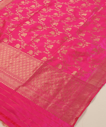 Hot Pink Handloom Pure Katan Silk Banarasi Dupatta With Kadhwa Jaal