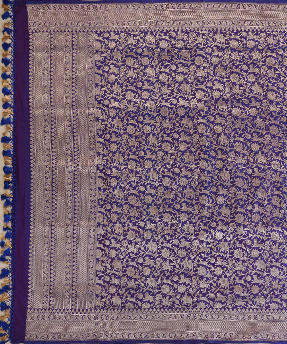 Blue and Purple Dual Tone Handloom Pure Katan Silk Kimkhab Shikargah Banarasi Dupatta