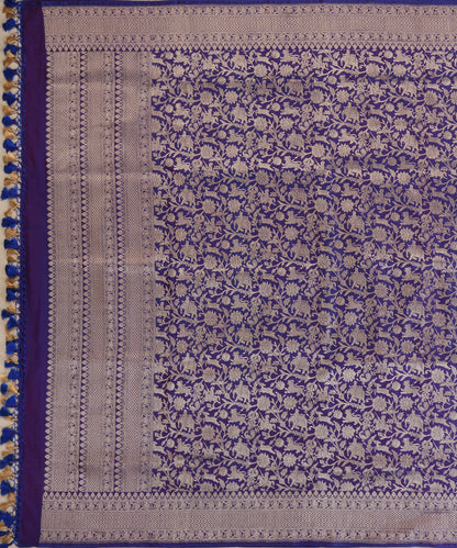 Blue and Purple Dual Tone Handloom Pure Katan Silk Kimkhab Shikargah Banarasi Dupatta