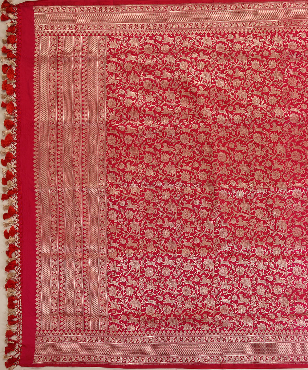 Rani Pink Handloom Pure Katan Silk Kimkhab Shikargah Banarasi Dupatta