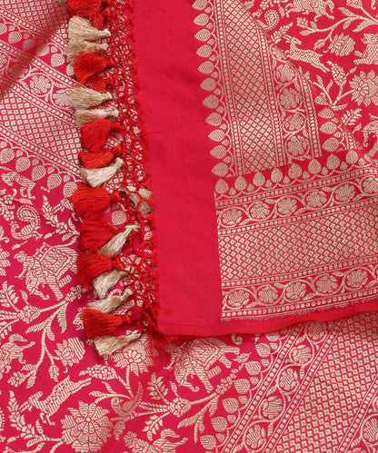 Rani Pink Handloom Pure Katan Silk Kimkhab Shikargah Banarasi Dupatta