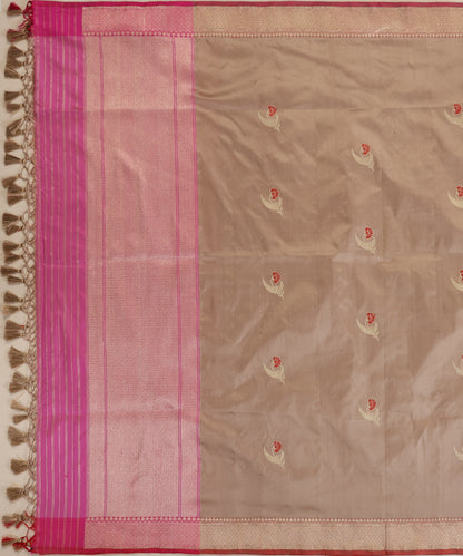 Almond Handloom Pure Katan Silk Banarasi Dupatta With Kadhwa Meenakari Boota and Pink Border
