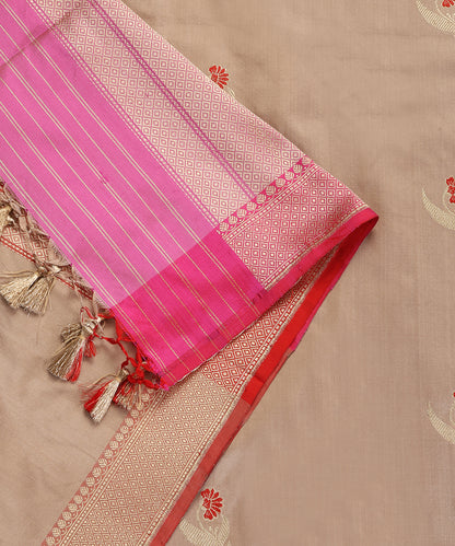 Almond Handloom Pure Katan Silk Banarasi Dupatta With Kadhwa Meenakari Boota and Pink Border
