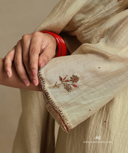 Ivory Hand Embroidered Pure Chanderi Kurta With Pants And Dupatta