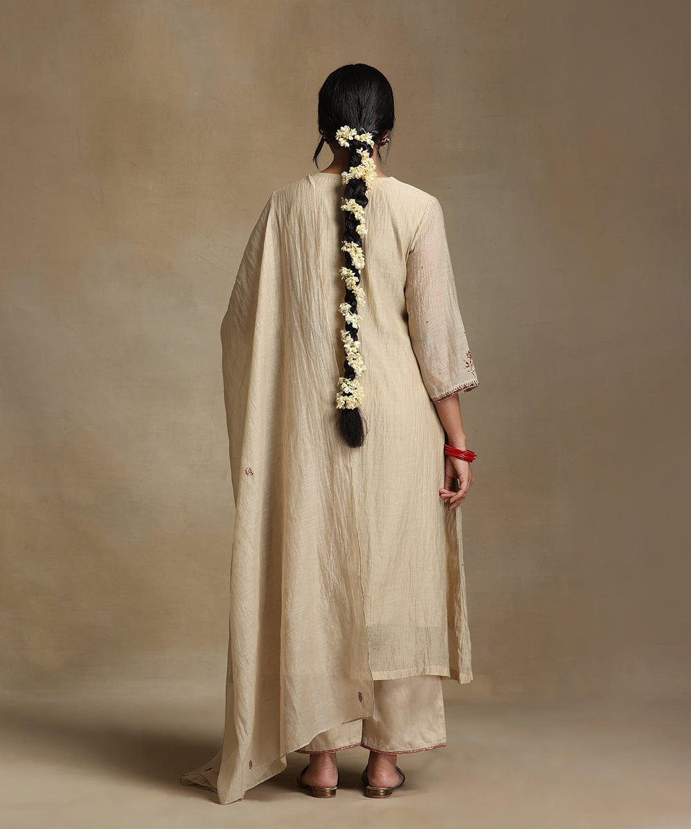 Ivory Hand Embroidered Pure Chanderi Kurta With Pants And Dupatta