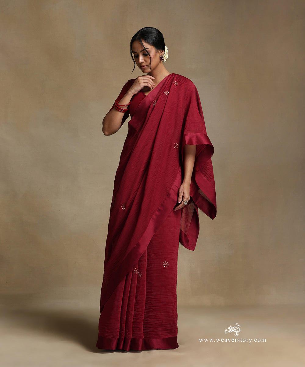 Red_Hand_Embroidered_Pure_Chanderi_Saree_With_Stitched_Blouse_WeaverStory_02