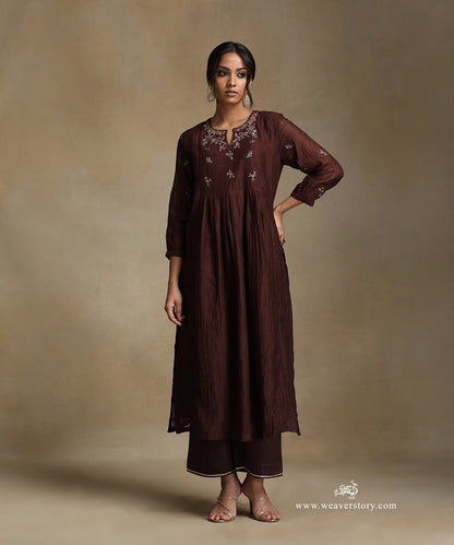 Brown_Hand_Embroidered_Notched_Neck_Front_Gathered_Pure_Chanderi_Kurta_With_Pants_And_Dupatta_WeaverStory_03