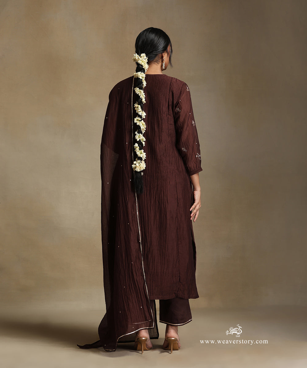 Brown_Hand_Embroidered_Notched_Neck_Front_Gathered_Pure_Chanderi_Kurta_With_Pants_And_Dupatta_WeaverStory_04