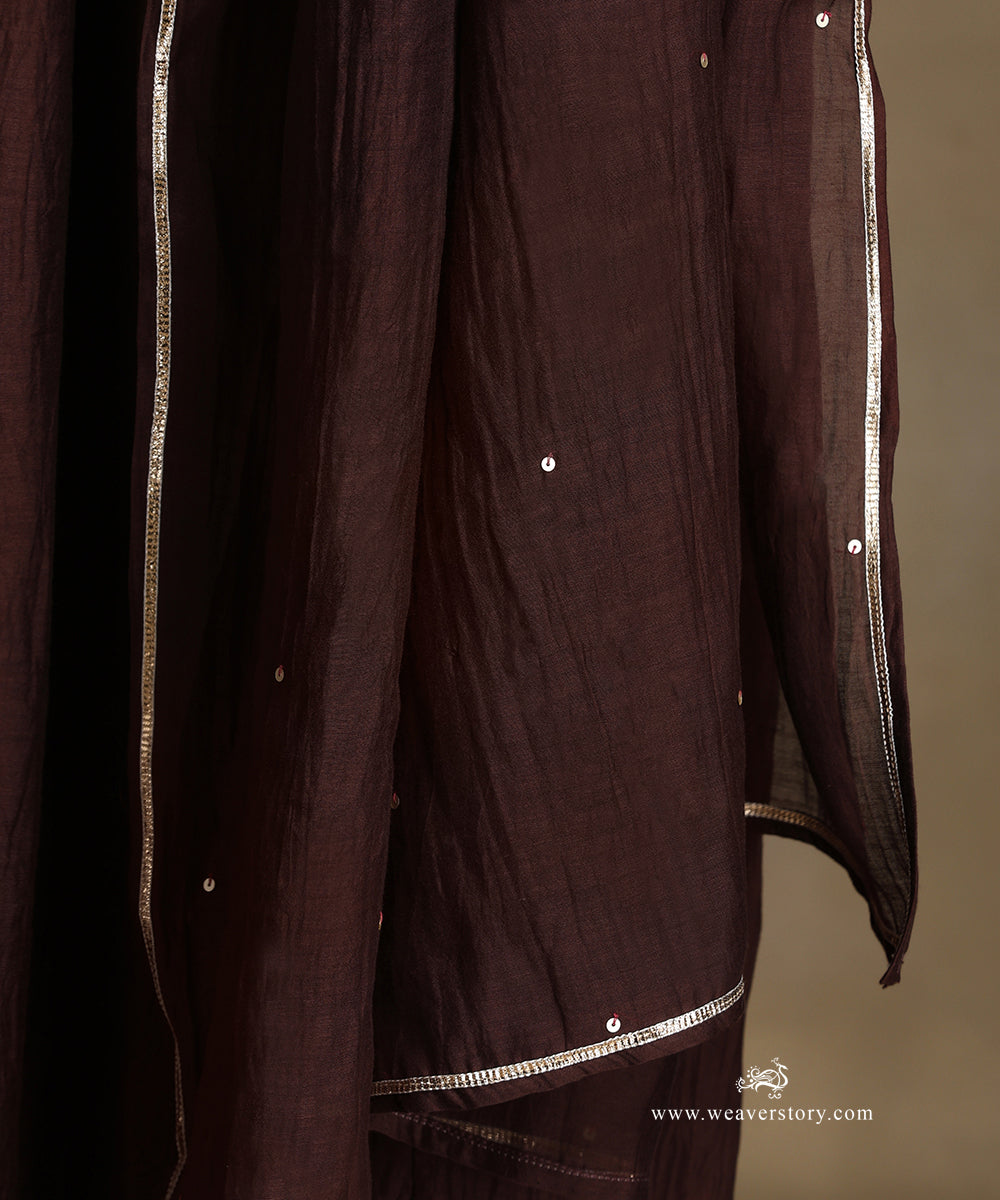 Brown_Hand_Embroidered_Notched_Neck_Front_Gathered_Pure_Chanderi_Kurta_With_Pants_And_Dupatta_WeaverStory_06