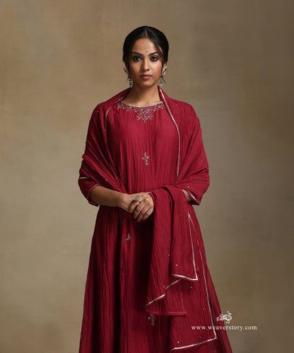 Red_Hand_Embroidered_Round_Neck_A-Line_Pure_Chanderi_Kurta_With_Pants_And_Dupatta_WeaverStory_01