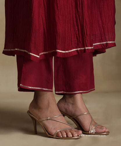 Red_Hand_Embroidered_Round_Neck_A-Line_Pure_Chanderi_Kurta_With_Pants_And_Dupatta_WeaverStory_05