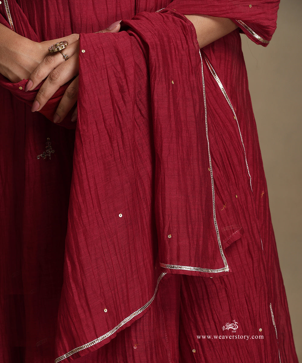 Red_Hand_Embroidered_Round_Neck_A-Line_Pure_Chanderi_Kurta_With_Pants_And_Dupatta_WeaverStory_06