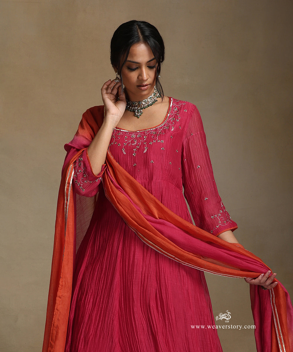 Pink_Hand_Embroidered_Round_Neck_Anarkali_Pure_Chanderi_Kurta_With_Pants_And_Dupatta_WeaverStory_01