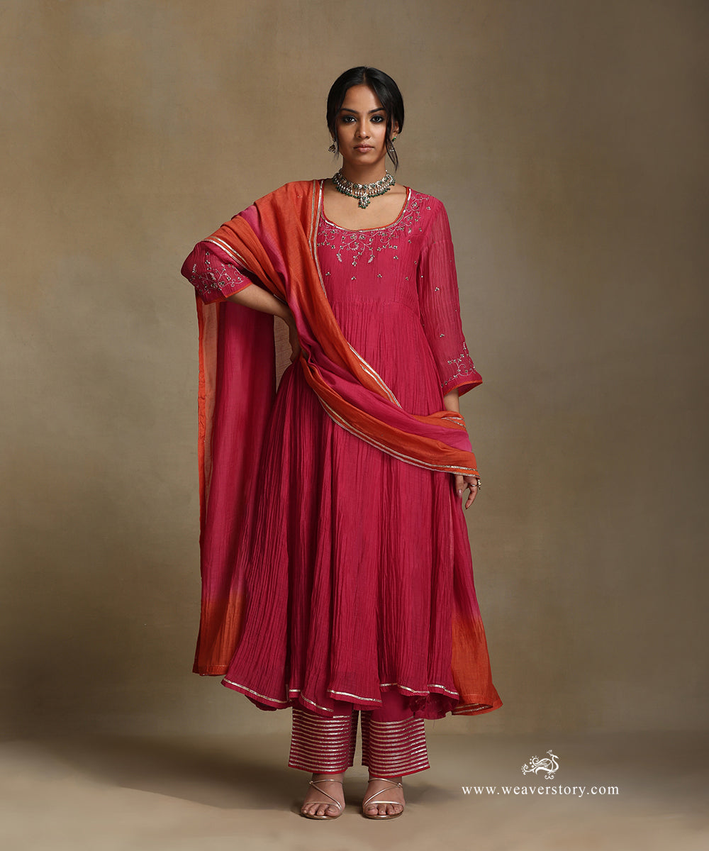 Pink_Hand_Embroidered_Round_Neck_Anarkali_Pure_Chanderi_Kurta_With_Pants_And_Dupatta_WeaverStory_02