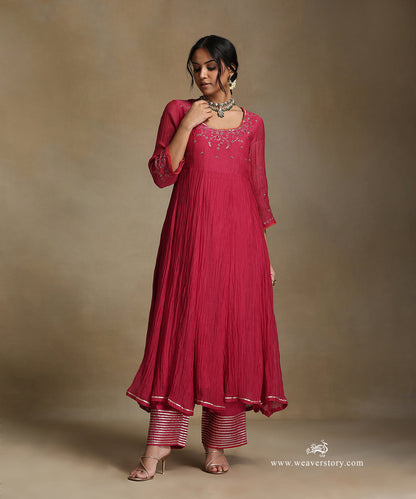 Pink_Hand_Embroidered_Round_Neck_Anarkali_Pure_Chanderi_Kurta_With_Pants_And_Dupatta_WeaverStory_03