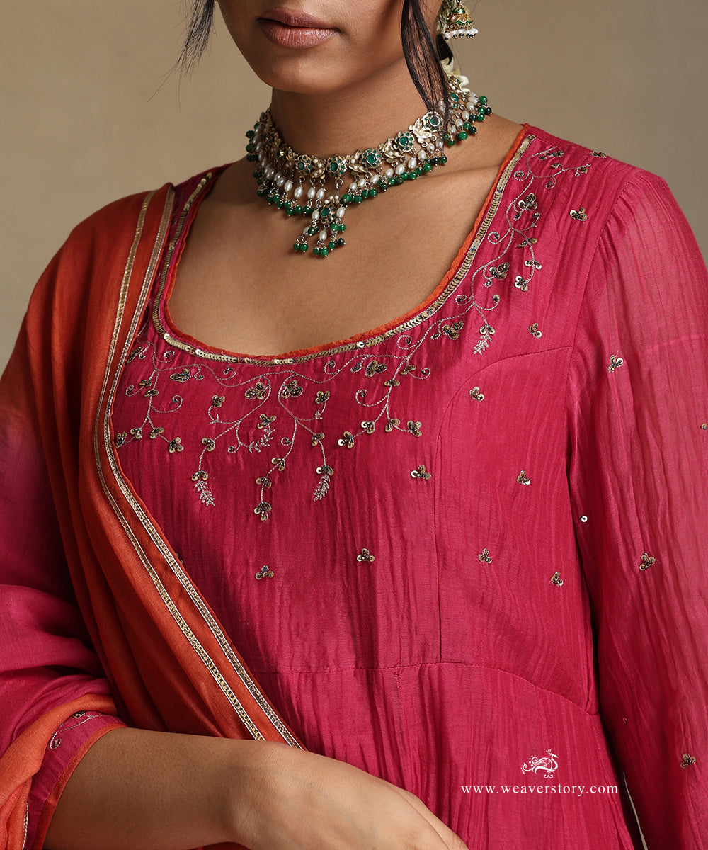 Pink_Hand_Embroidered_Round_Neck_Anarkali_Pure_Chanderi_Kurta_With_Pants_And_Dupatta_WeaverStory_07